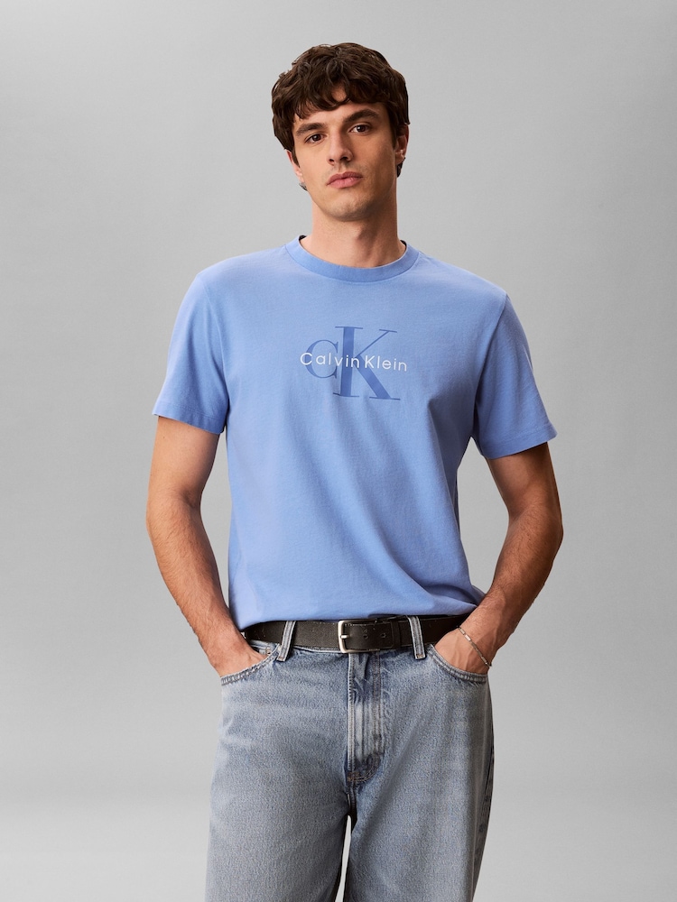 Calvin Klein Blue Washed Cotton Monogram T-Shirt - Image 1 of 6 Calvin Klein Blue Washed Cotton Monogram T-Shirt - Image 1 of 6