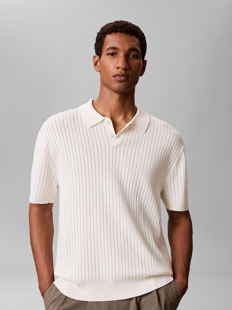 Calvin Klein Cream Soft Pointelle Knit Polo Shirt - Image 1 of 6 Calvin Klein Cream Soft Pointelle Knit Polo Shirt - Image 1 of 6
