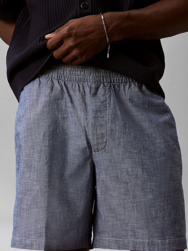 Calvin Klein Blue Cotton Chambray Drawstring Shorts - Image 1 of 6 Calvin Klein Blue Cotton Chambray Drawstring Shorts - Image 1 of 6