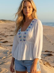 Roman White Embroidered V-Neck Blouse - Image 1 of 4