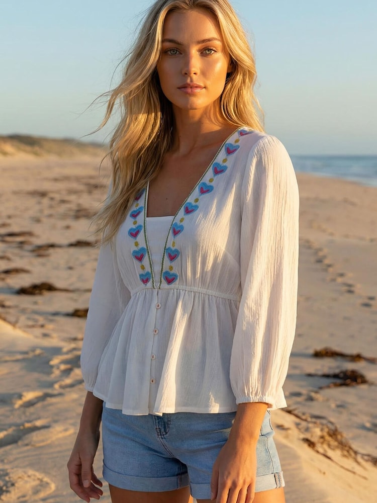 Roman White Embroidered V-Neck Blouse - Image 1 of 4 Roman White Embroidered V-Neck Blouse - Image 1 of 4