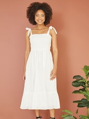 Mela White Broderie Anglaise Ruched Midi Sundress With Tie Sleeves - Image 1 of 5