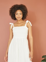 Mela White Broderie Anglaise Ruched Midi Sundress With Tie Sleeves - Image 2 of 5