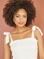 Mela White Broderie Anglaise Ruched Midi Sundress With Tie Sleeves - Image 3 of 5