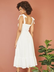 Mela White Broderie Anglaise Ruched Midi Sundress With Tie Sleeves - Image 4 of 5