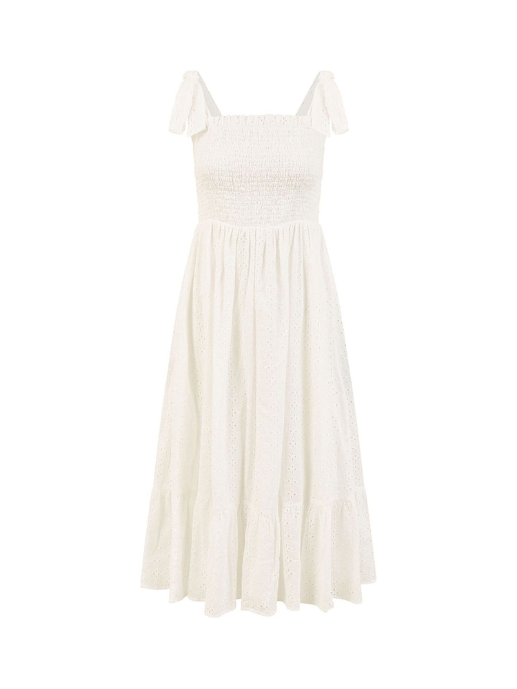 Mela White Broderie Anglaise Ruched Midi Sundress With Tie Sleeves - Image 5 of 5