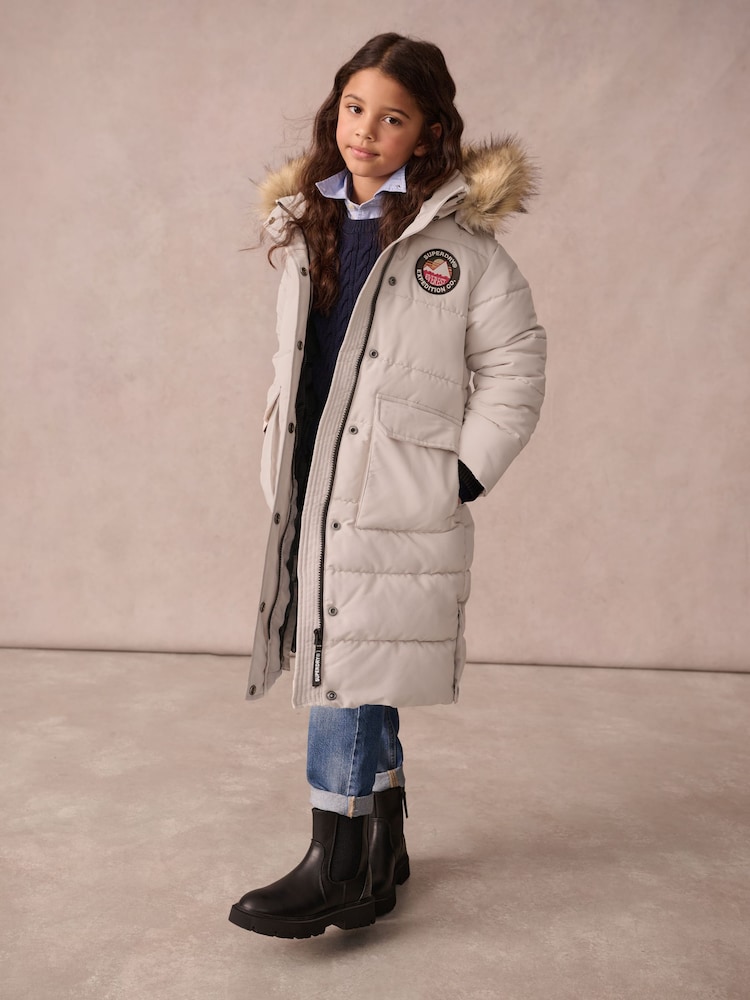 Superdry Cream Everest Longline Parka Coat - Image 1 of 13