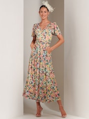 Jolie Moi Yellow Bianca V-Neck Pleated Mesh Maxi Dress - Image 1 of 6
