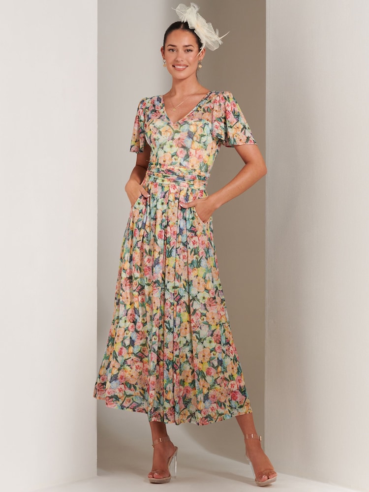 Jolie Moi Yellow Bianca V-Neck Pleated Mesh Maxi Dress - Image 1 of 6