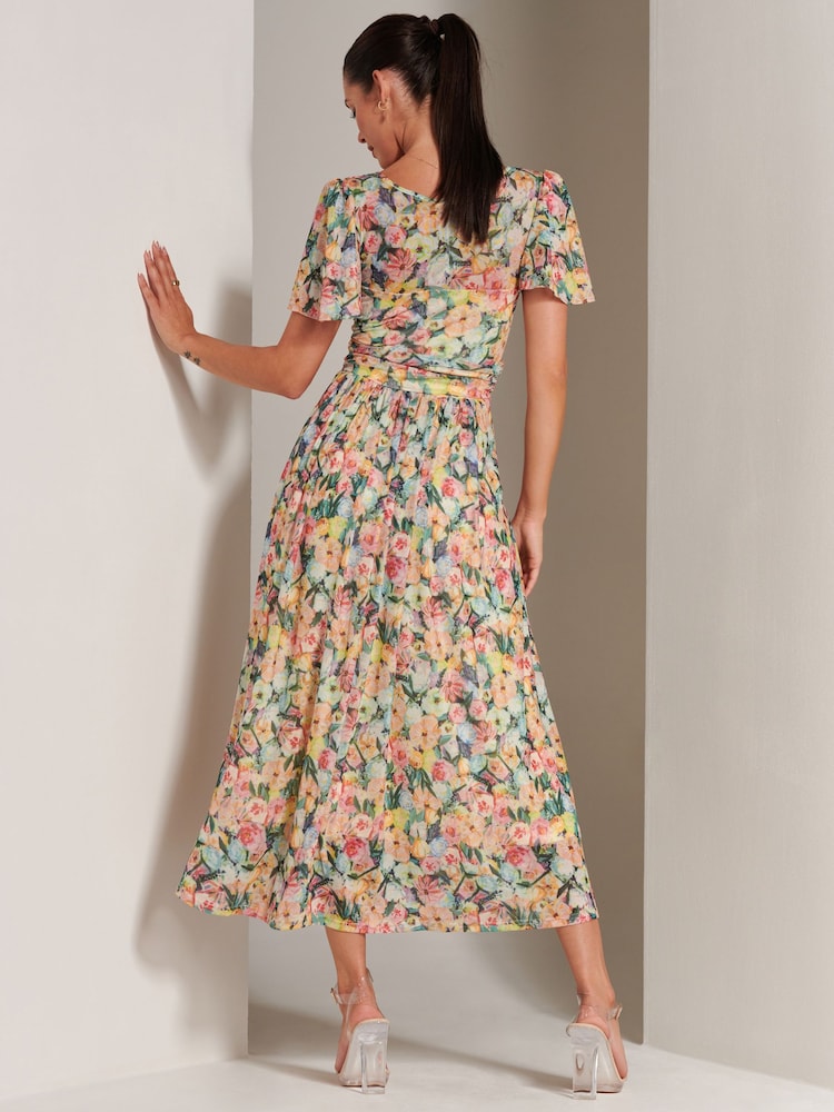Jolie Moi Yellow Bianca V-Neck Pleated Mesh Maxi Dress - Image 2 of 6