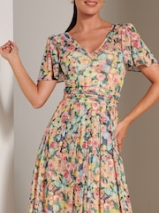 Jolie Moi Yellow Bianca V-Neck Pleated Mesh Maxi Dress - Image 3 of 6