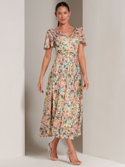 Jolie Moi Yellow Bianca V-Neck Pleated Mesh Maxi Dress - Image 4 of 6