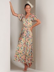 Jolie Moi Yellow Bianca V-Neck Pleated Mesh Maxi Dress - Image 6 of 6