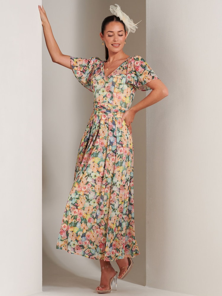 Jolie Moi Yellow Bianca V-Neck Pleated Mesh Maxi Dress - Image 6 of 6