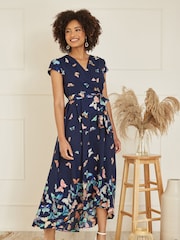 Mela Blue Butterfly Print Dip Hem Midi Wrap Dress - Image 1 of 5