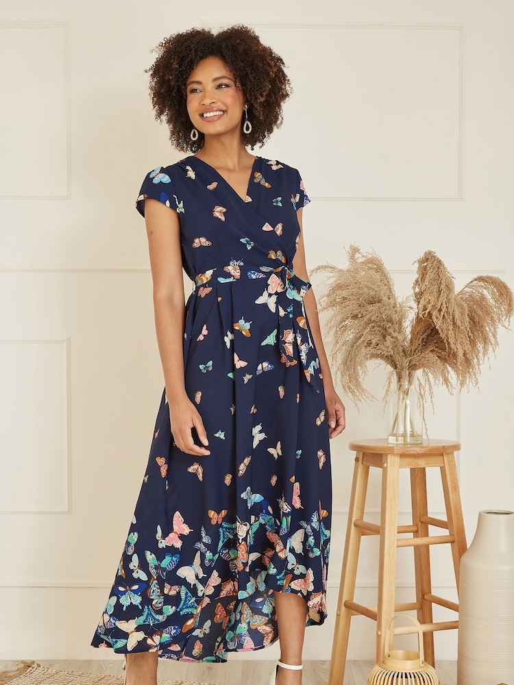 Mela Blue Butterfly Print Dip Hem Midi Wrap Dress - Image 1 of 5
