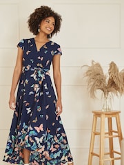 Mela Blue Butterfly Print Dip Hem Midi Wrap Dress - Image 3 of 5