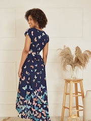 Mela Blue Butterfly Print Dip Hem Midi Wrap Dress - Image 4 of 5