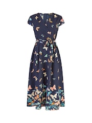 Mela Blue Butterfly Print Dip Hem Midi Wrap Dress - Image 5 of 5