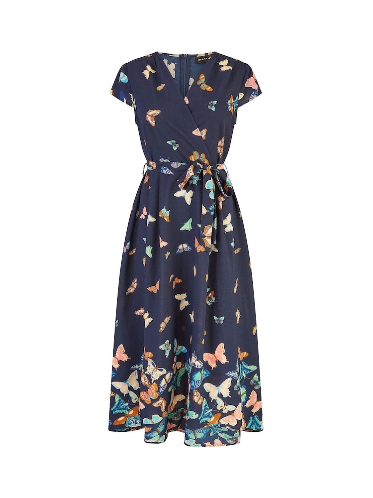 Mela Blue Butterfly Print Dip Hem Midi Wrap Dress - Image 5 of 5