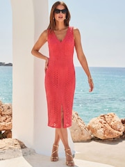 Sosandar Pink Lace Detail V-Neck Pencil Dress - Image 4 of 5