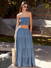 Blue Tiered Lightweight Denim Maxi Skirt - Image 3 of 6