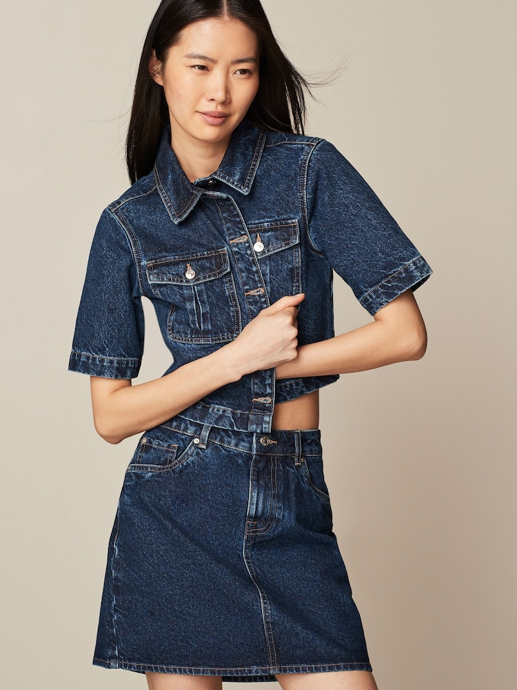 Rinse Blue Denim Mini Skirt - Image 1 of 7 Rinse Blue Denim Mini Skirt - Image 1 of 7