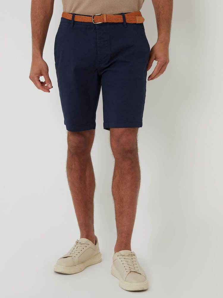 Threadbare Navy Cotton Stretch Turn-Up Chino Shorts with Woven Belt - Image 1 of 4