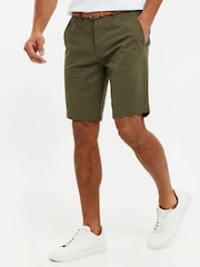 Threadbare Olive Green Cotton Stretch Turn-Up Chino Shorts with Woven Belt - Image 1 of 4