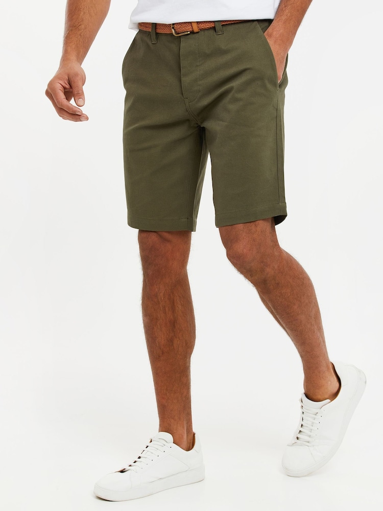 Threadbare Olive Green Cotton Stretch Turn-Up Chino Shorts with Woven Belt - Image 1 of 4