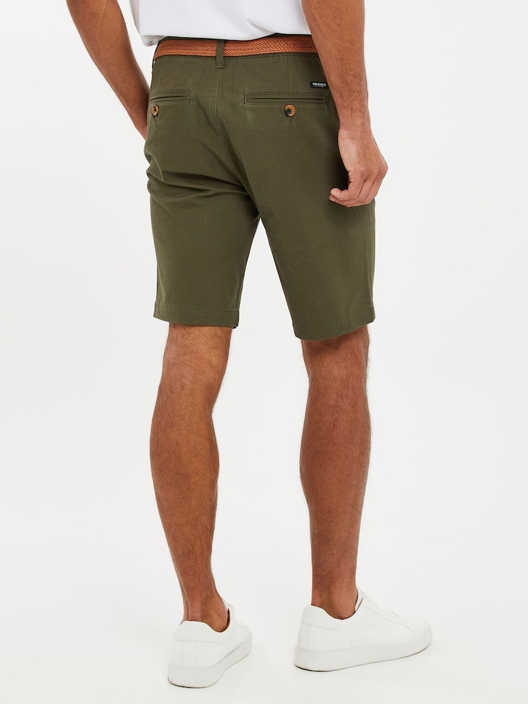 Threadbare Olive Green Cotton Stretch Turn-Up Chino Shorts with Woven Belt - Image 2 of 4