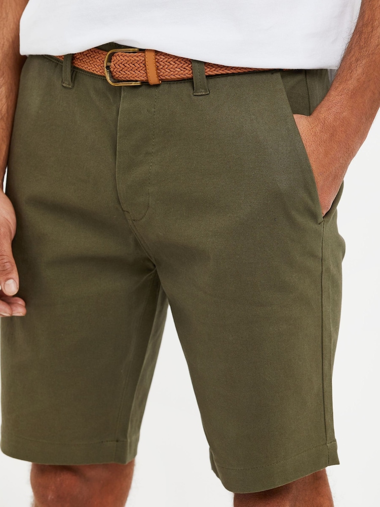 Threadbare Olive Green Cotton Stretch Turn-Up Chino Shorts with Woven Belt - Image 4 of 4