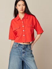 Red 100% Cotton Cropped Oversized Denim Shirt - Image 1 of 7