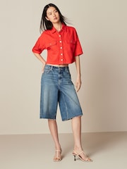 Red 100% Cotton Cropped Oversized Denim Shirt - Image 2 of 7