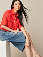 Red 100% Cotton Cropped Oversized Denim Shirt - Image 3 of 7