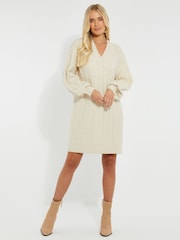 Threadbare Cream V-Neck Chunky Cable Knit Jumper Dress - Image 2 of 5