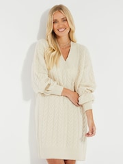 Threadbare Cream V-Neck Chunky Cable Knit Jumper Dress - Image 4 of 5