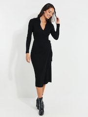 Threadbare Black Ribbed Wrap Dress - Image 1 of 3