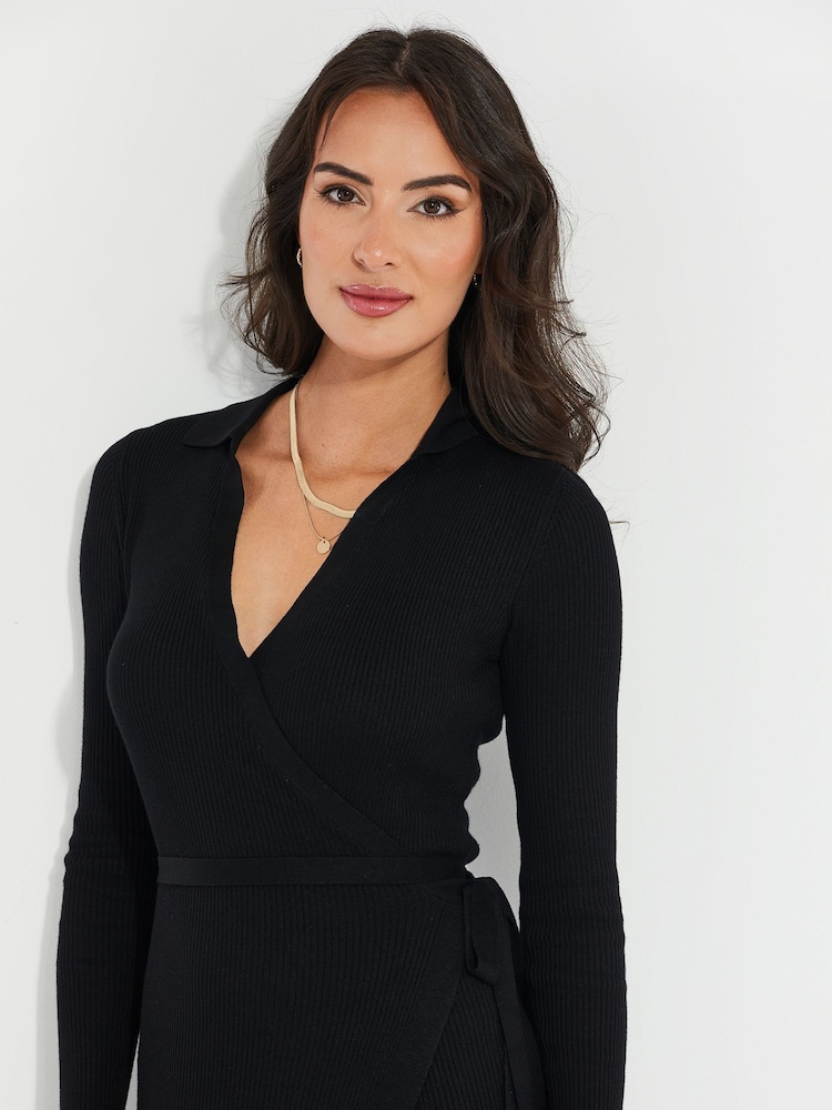 Threadbare Black Ribbed Wrap Dress - Image 3 of 3