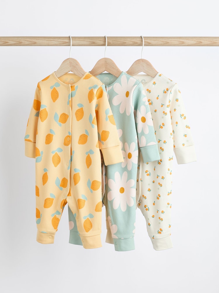 Yellow Baby Printed Footless 100% Cotton Sleepsuits 3 Pack (0mths-3yrs) - Image 1 of 8