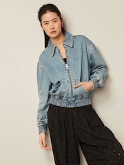 Mid Blue Denim Bomber Jacket - Image 1 of 7
