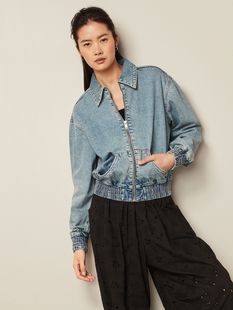 Mid Blue Denim Bomber Jacket - Image 1 of 7