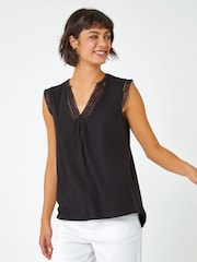 Roman Black Sleeveless Lace Trim 100% Cotton Top - Image 1 of 5