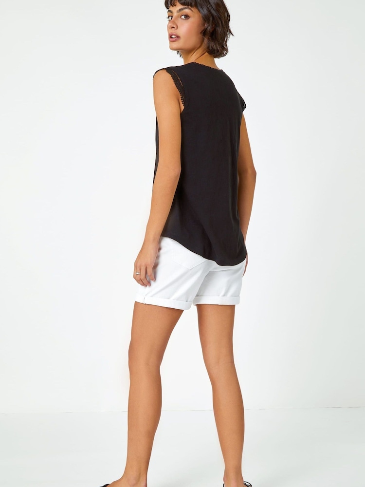 Roman Black Sleeveless Lace Trim 100% Cotton Top - Image 2 of 5