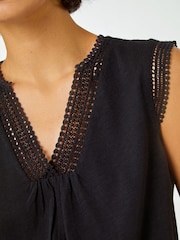 Roman Black Sleeveless Lace Trim 100% Cotton Top - Image 5 of 5