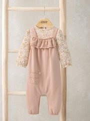 Mamas & Papas Pink Broderie Dungarees & Bodysuit Outfit Set - Image 1 of 3