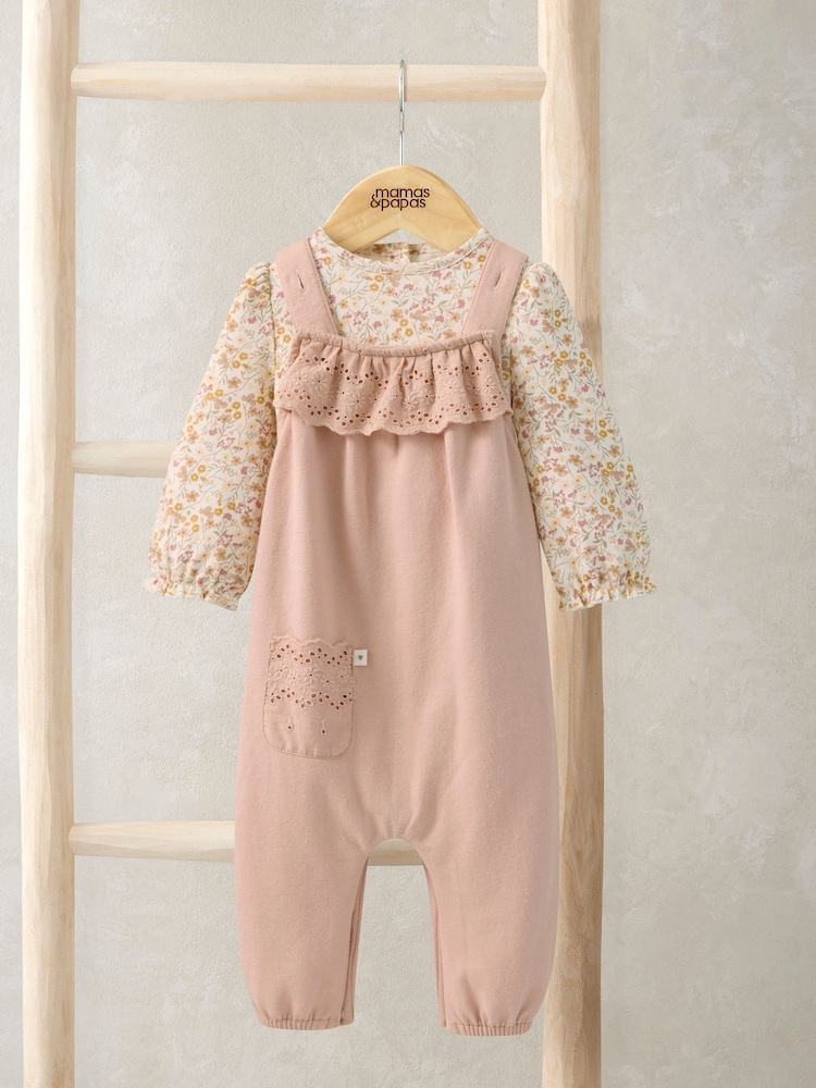 Mamas & Papas Pink Broderie Dungarees & Bodysuit Outfit Set - Image 1 of 3