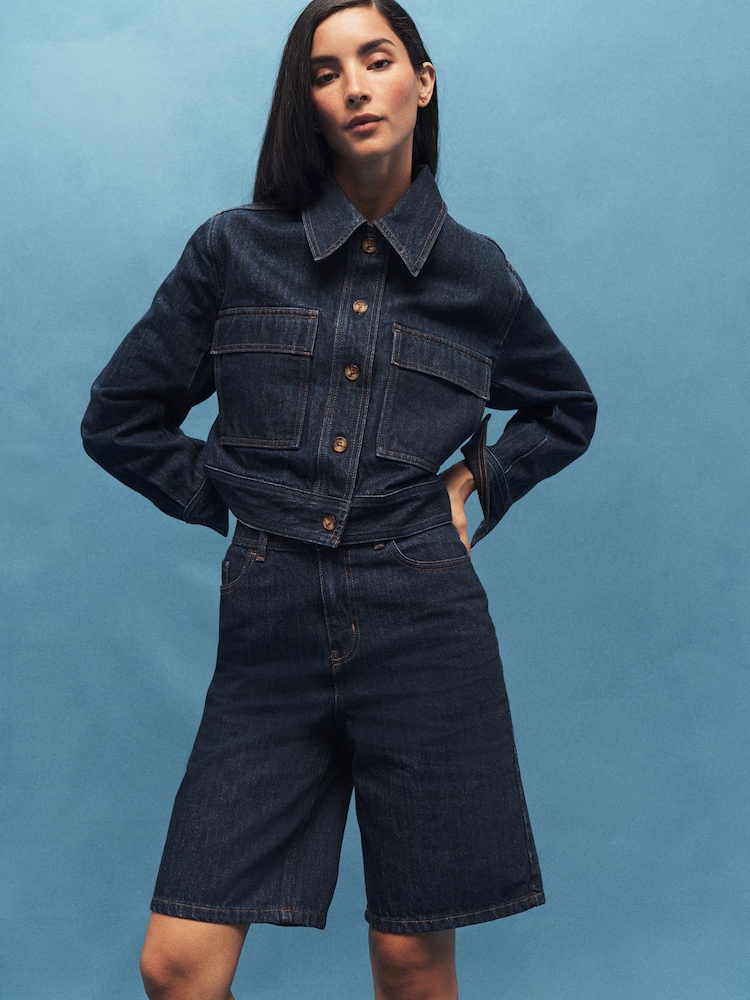 Dark Blue Longline 100% Cotton Denim Shorts - Image 1 of 6