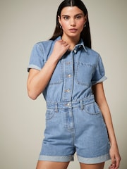 Mid Blue 100% Cotton Short Sleeve Denim Playsuit - Image 2 of 5