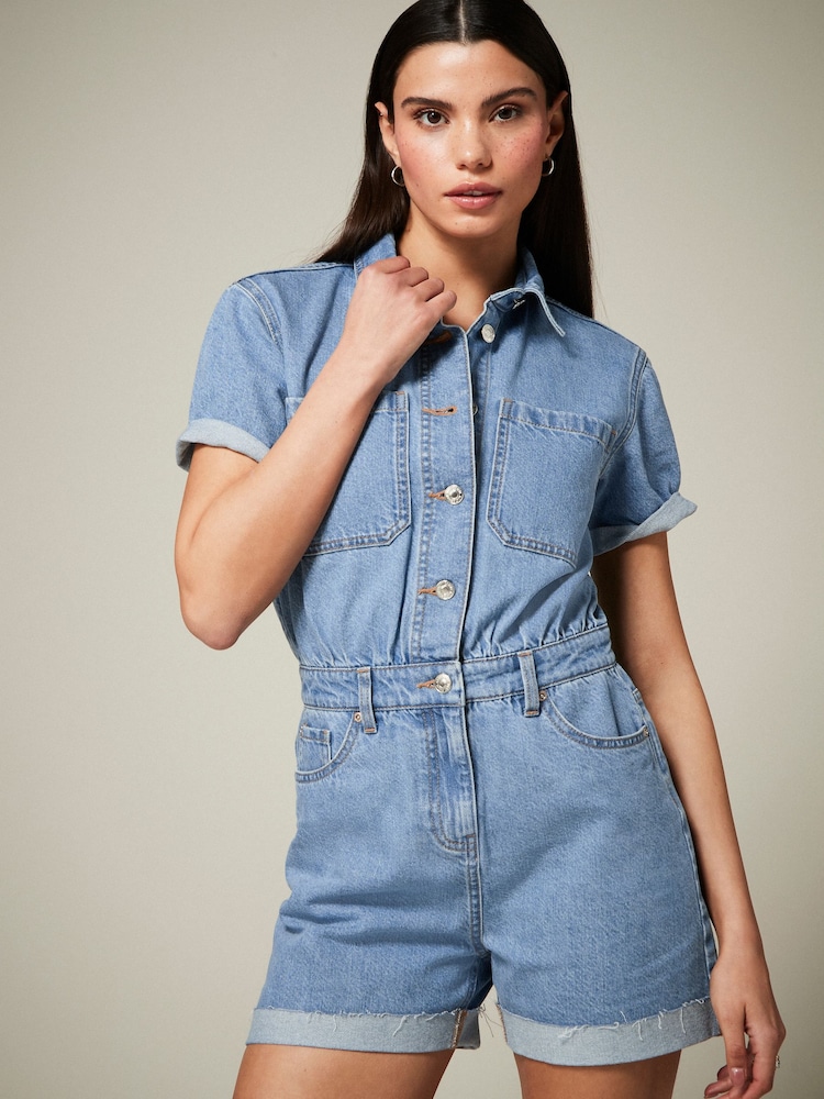 Mid Blue 100% Cotton Short Sleeve Denim Playsuit - Image 2 of 5